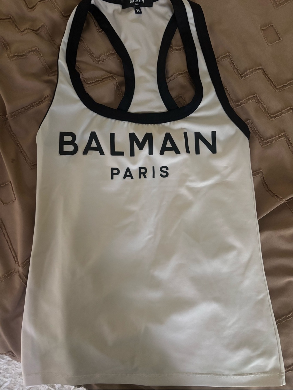 Balmain White Racerback Tank with Black Trim and Logo